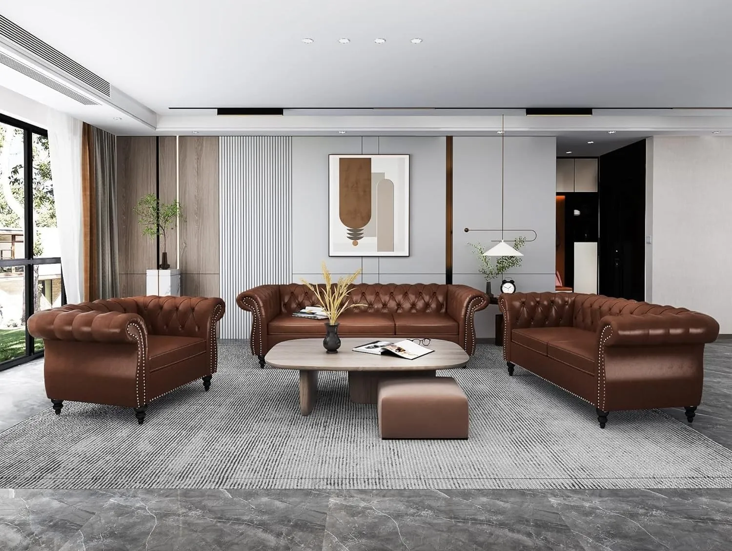 AVZEAR Chesterfield Loveseat Sofa, Upholstered Sofa Modern 2 Seater Couch Sofa Set Style Button Tufted, Mid-Century PU Chesterfield Sofa for Living Room Apartment, PU Brown