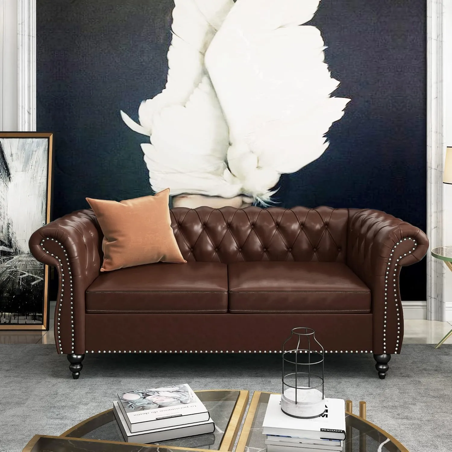 AVZEAR Chesterfield Loveseat Sofa, Upholstered Sofa Modern 2 Seater Couch Sofa Set Style Button Tufted, Mid-Century PU Chesterfield Sofa for Living Room Apartment, PU Brown