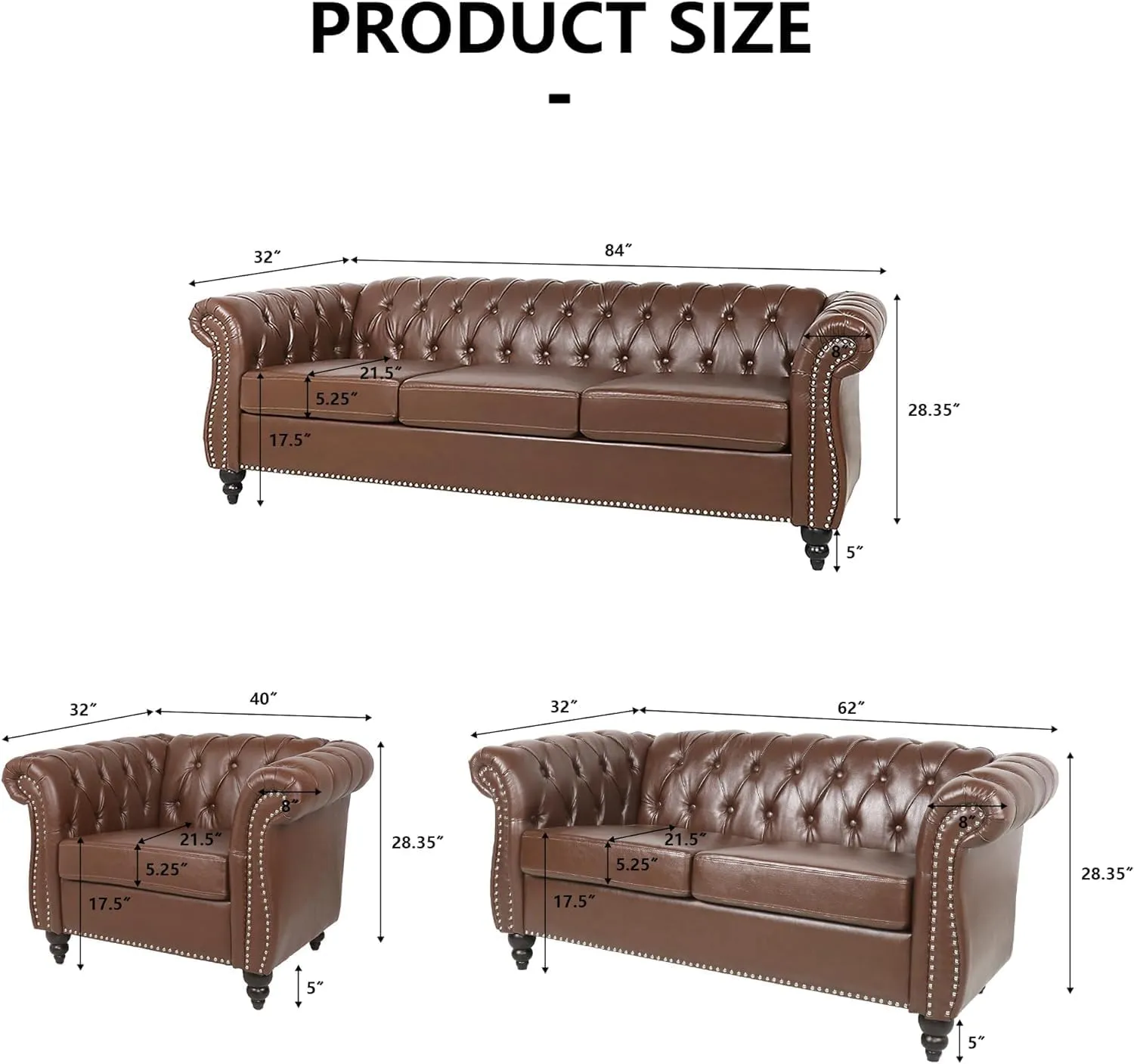 AVZEAR Chesterfield Loveseat Sofa, Upholstered Sofa Modern 2 Seater Couch Sofa Set Style Button Tufted, Mid-Century PU Chesterfield Sofa for Living Room Apartment, PU Brown