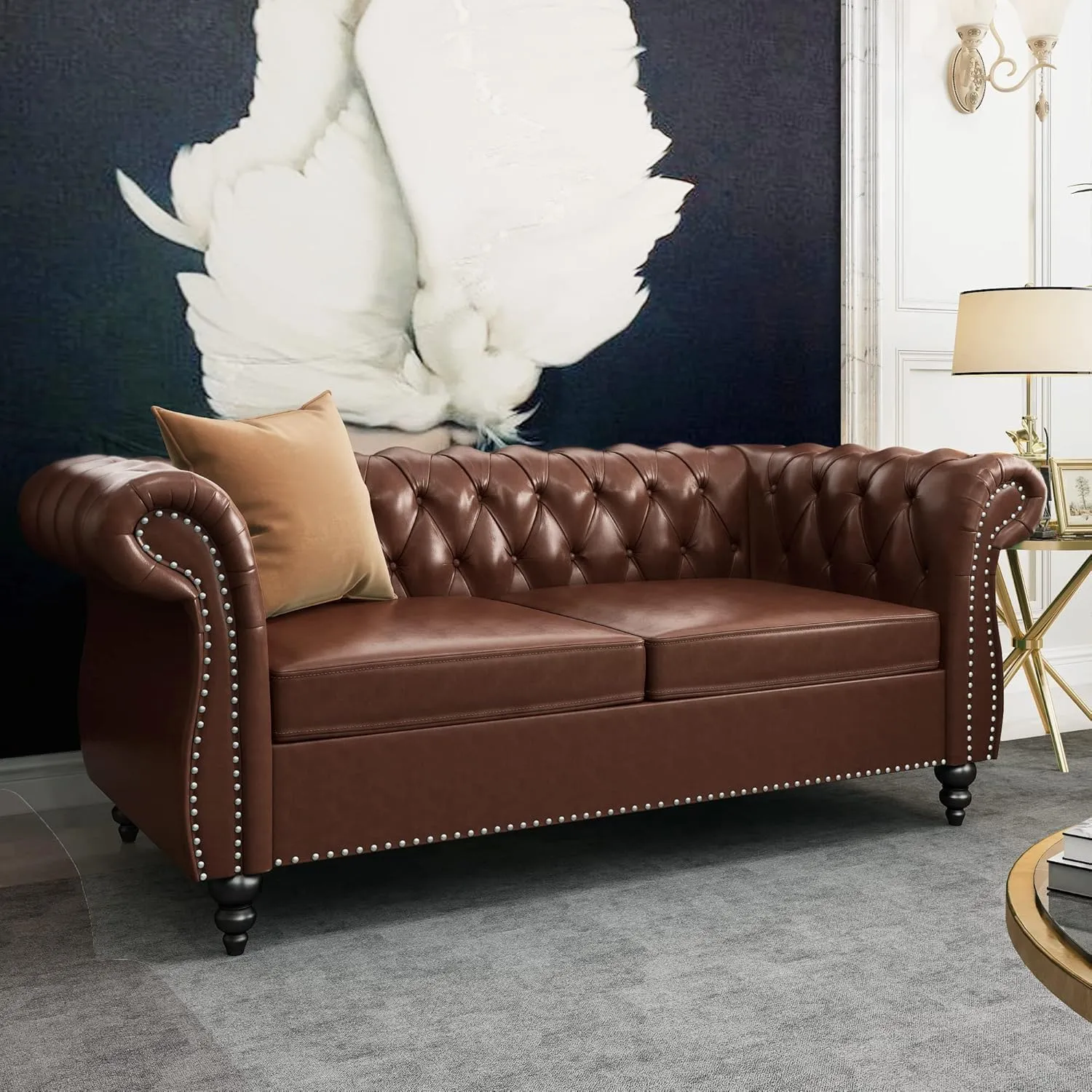 AVZEAR Chesterfield Loveseat Sofa, Upholstered Sofa Modern 2 Seater Couch Sofa Set Style Button Tufted, Mid-Century PU Chesterfield Sofa for Living Room Apartment, PU Brown