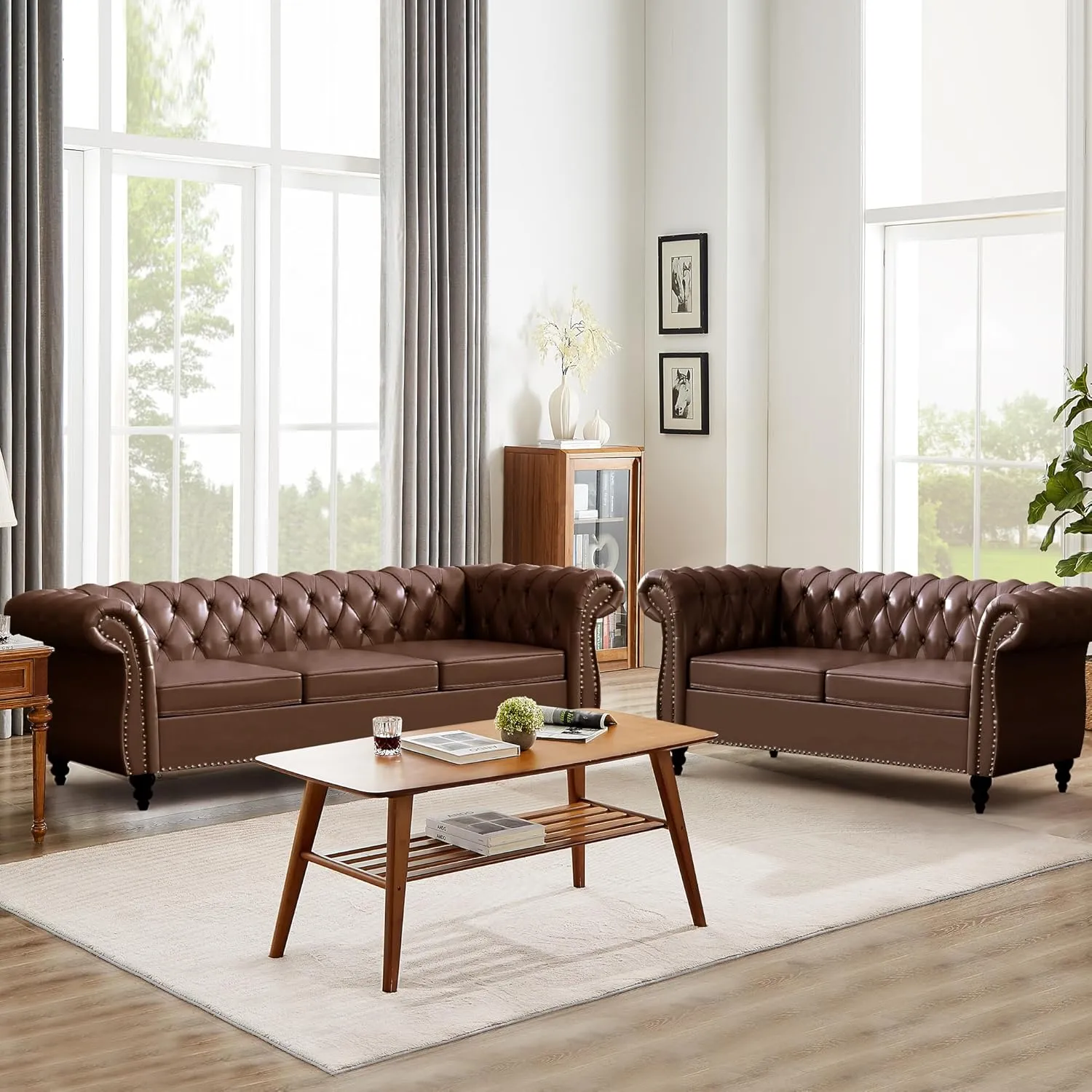 AVZEAR Chesterfield Loveseat Sofa, Upholstered Sofa Modern 2 Seater Couch Sofa Set Style Button Tufted, Mid-Century PU Chesterfield Sofa for Living Room Apartment, PU Brown