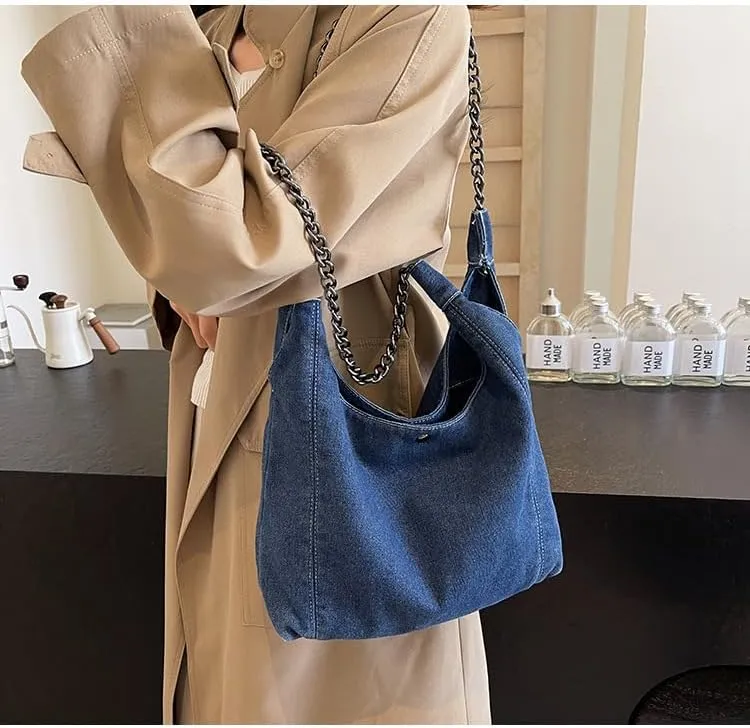 Axcone Fashionable casual denim large capacity chain shoulder bag handbag, suitable for various occasions