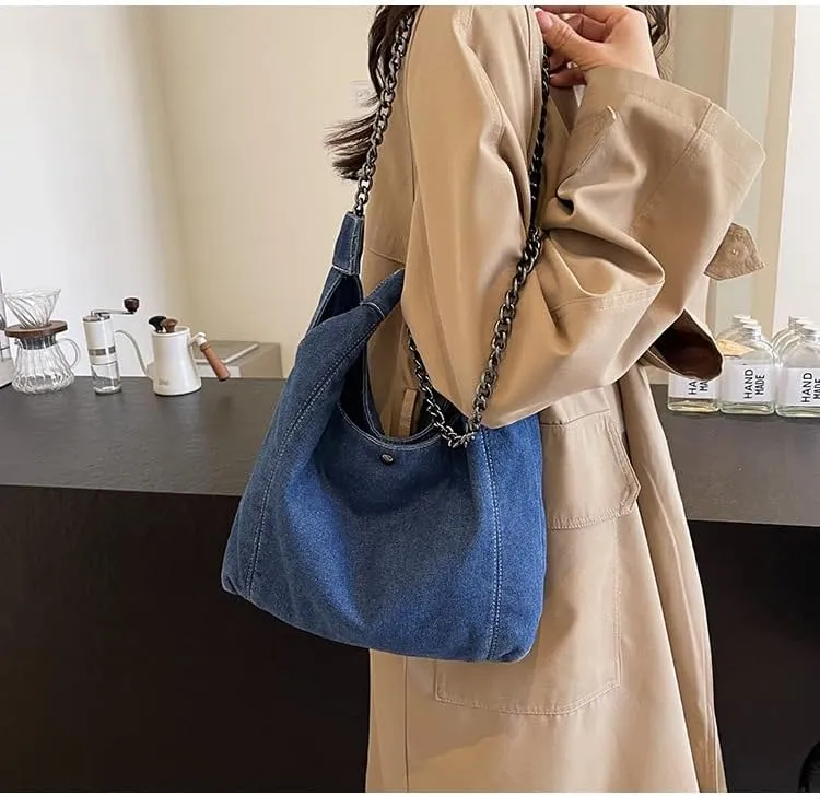 Axcone Fashionable casual denim large capacity chain shoulder bag handbag, suitable for various occasions