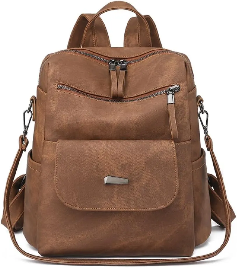 Backpack Purse for Women Pu Leather Travel Backpack Ladies Shoulder Bags Anti-theft Satchel Handbag (Brown)
