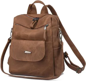 Backpack Purse for Women Pu Leather Travel Backpack Ladies Shoulder Bags Anti-theft Satchel Handbag (Brown)