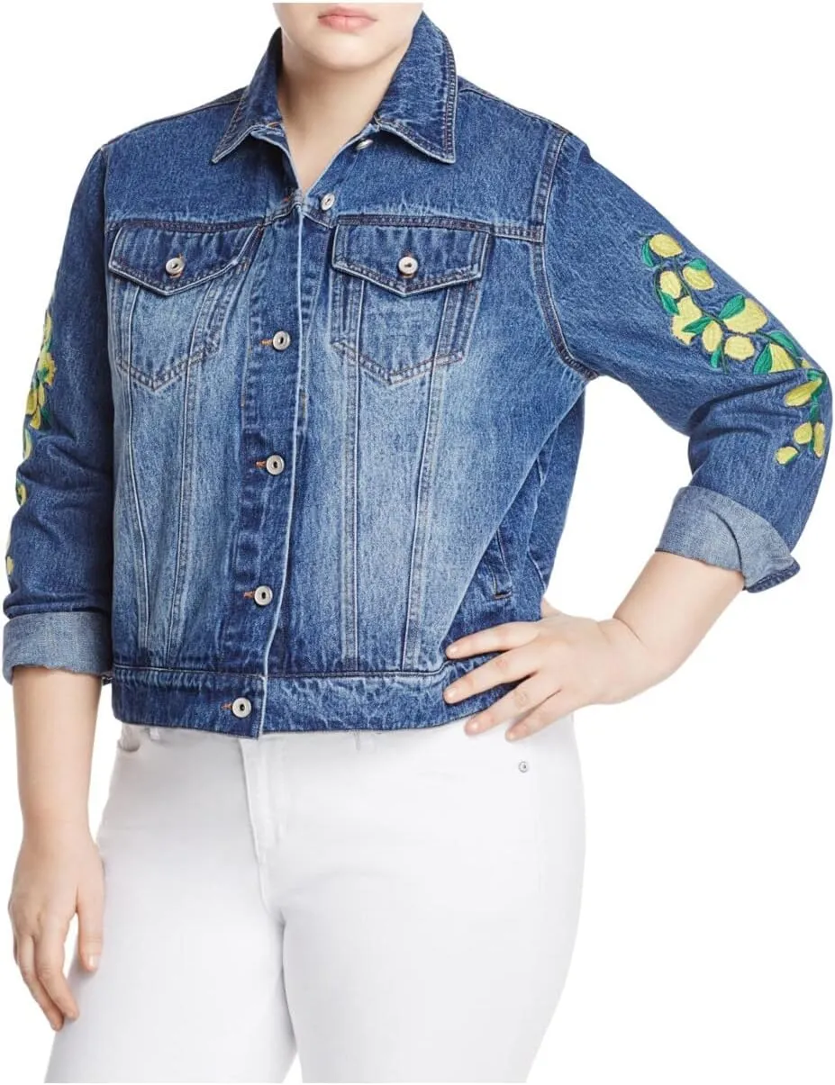 Bagatelle Womens Plus Lemon Embroidered Denim Jacket Blue 3X
