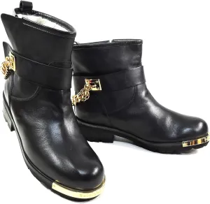 Baldinini Women's Black Leather Ankle Boots with Gold Chain Detail, Lamb Fur Lined, Size 37 EU