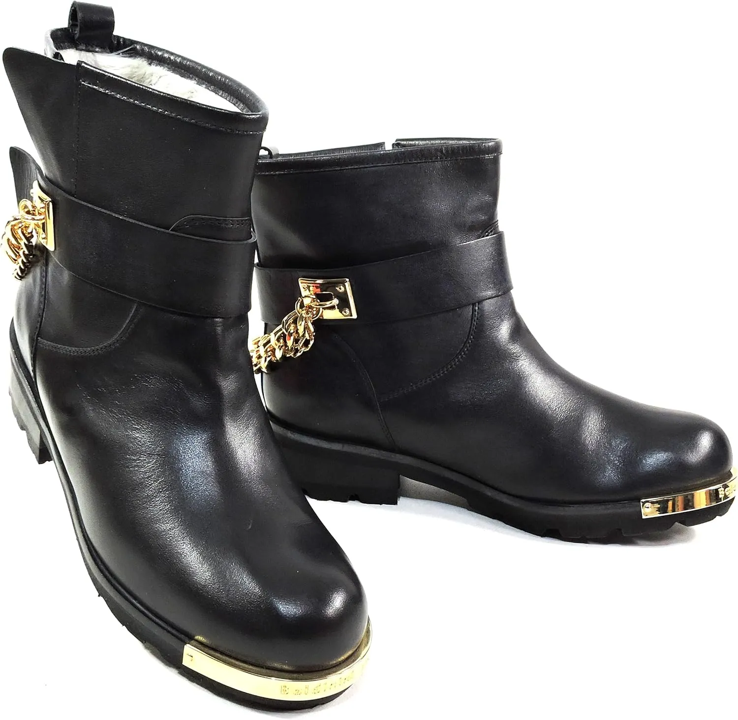 Baldinini Women's Black Leather Ankle Boots with Gold Chain Detail, Lamb Fur Lined, Size 37 EU