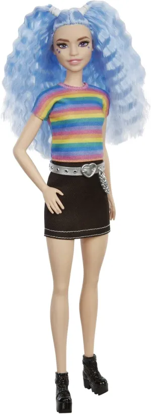 Barbie Fashionistas Doll with Long Blue Crimped Hair, Star Face Makeup, Multi-Color Striped Tee, Denim Skirt, Black Boots & Silvery Chain Belt, Toy for Kids 3 to 8 Years Old