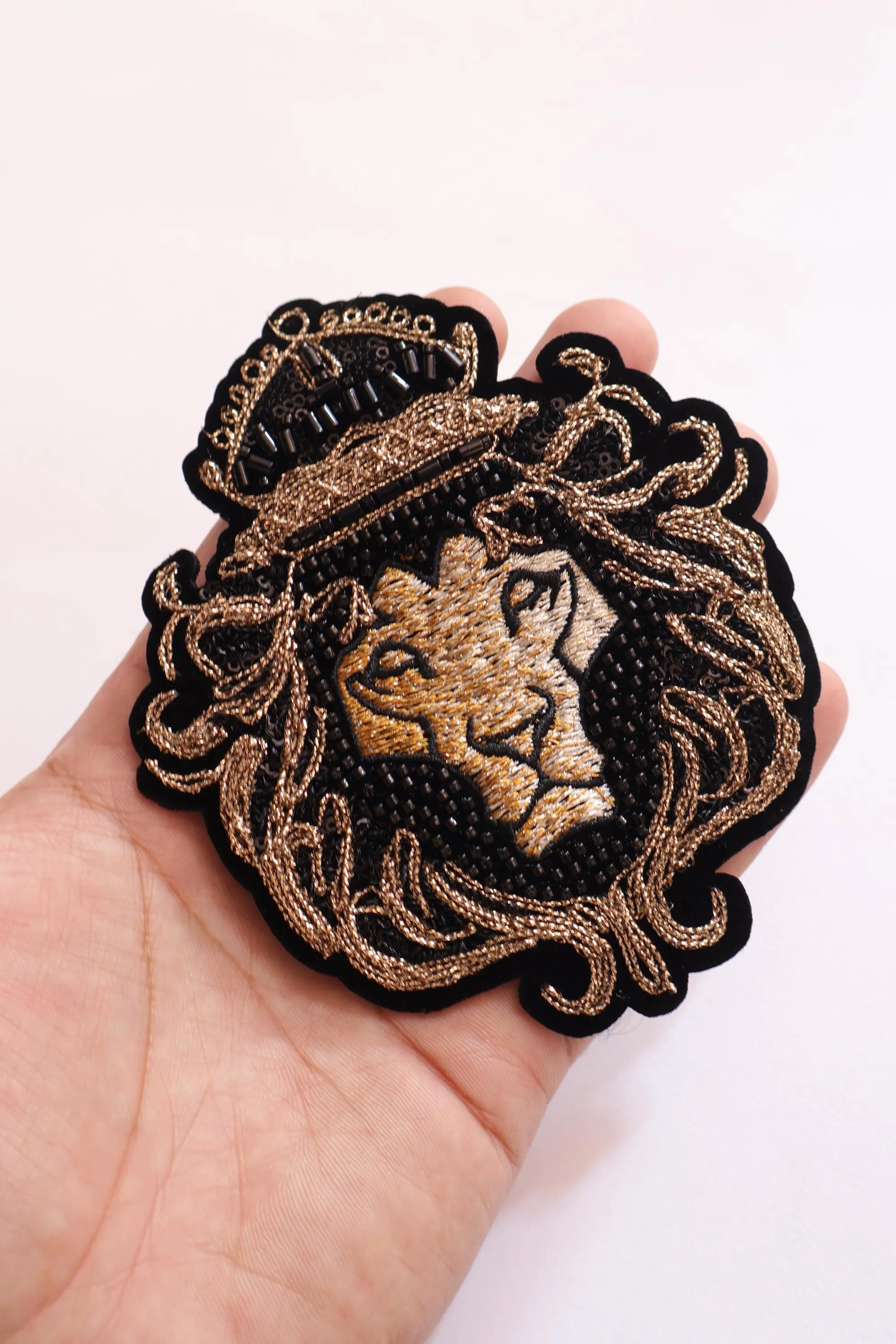 Baroque Lion Sew - On Patch, Mini Glass Bead Handmade Indian Embroidered Applique Patch