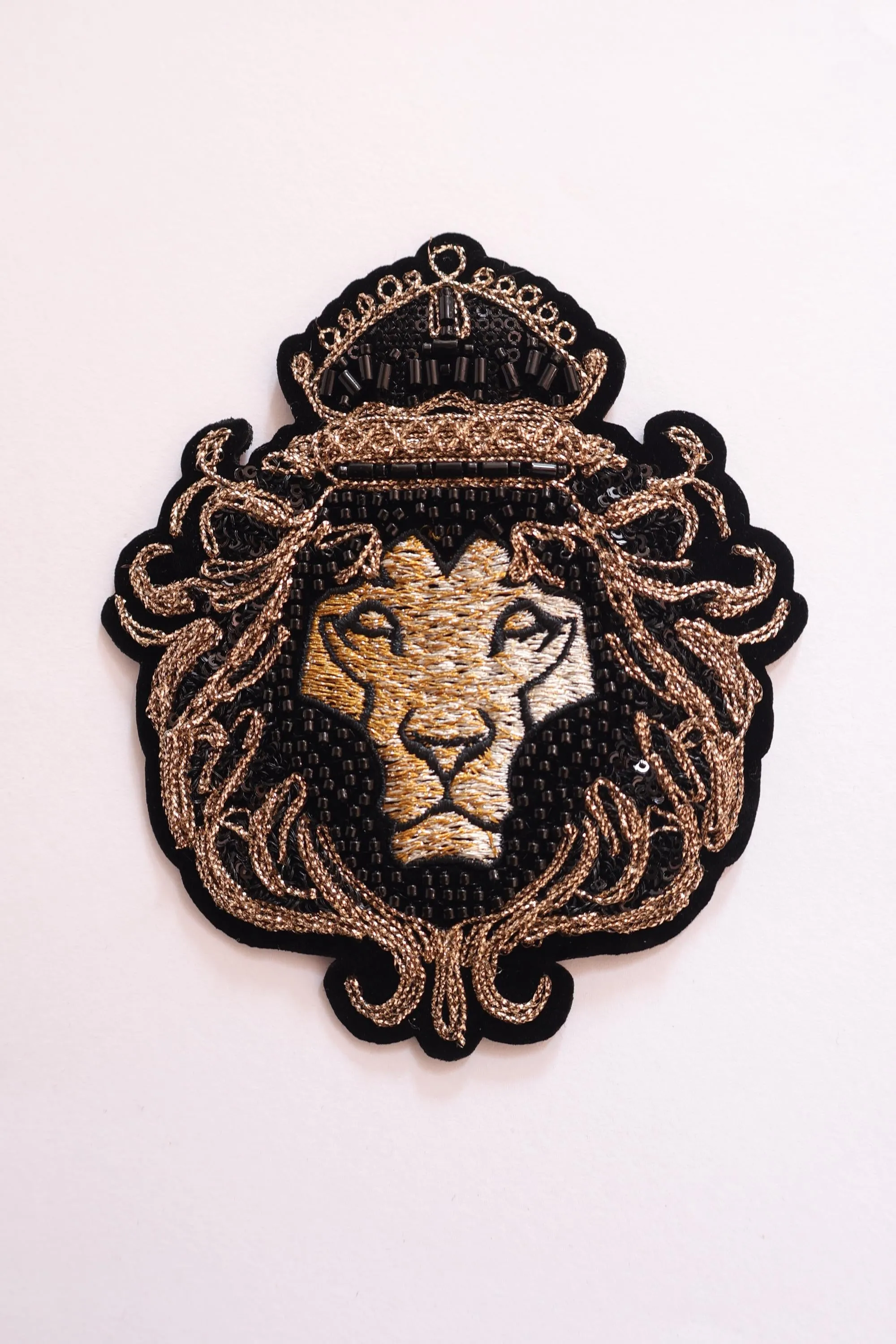 Baroque Lion Sew - On Patch, Mini Glass Bead Handmade Indian Embroidered Applique Patch