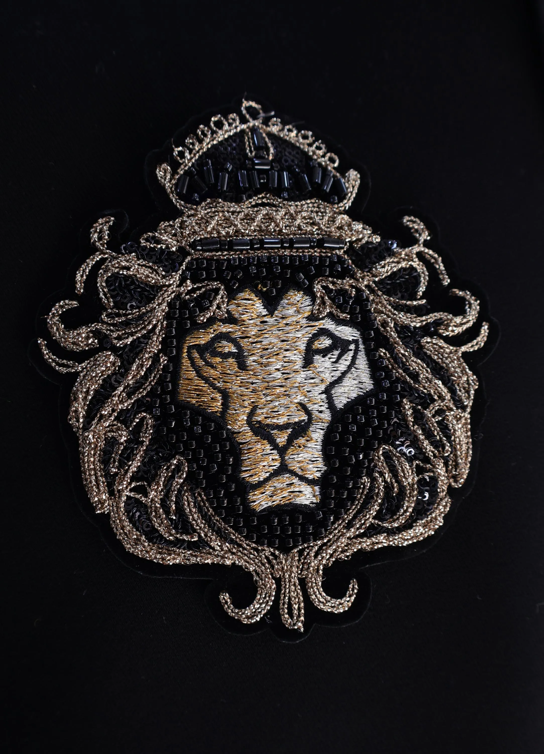 Baroque Lion Sew - On Patch, Mini Glass Bead Handmade Indian Embroidered Applique Patch