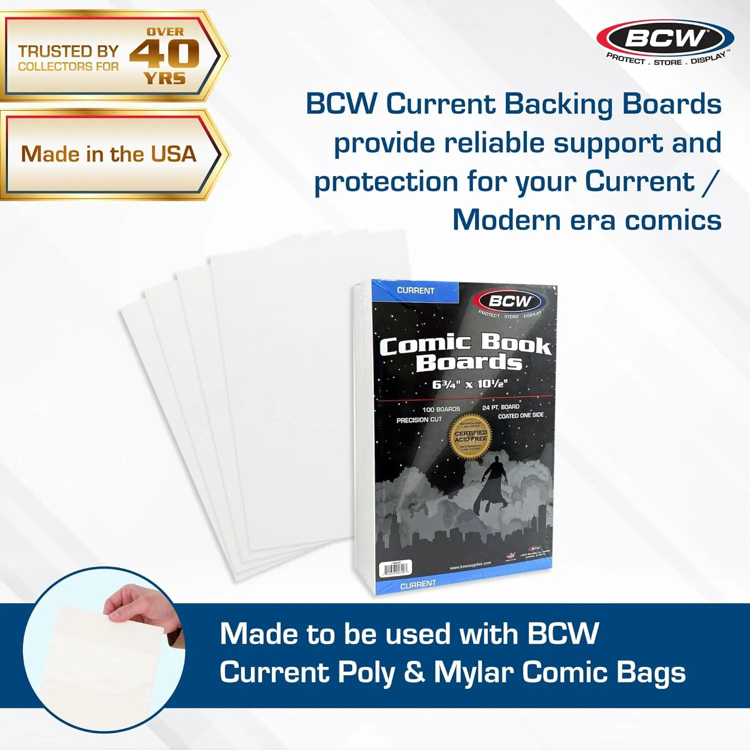 BCW Current Comic Book Backing Boards - 1 Pack (100 Total) | 24 pt., Coated, Buffered with 3% Calcium Carbonate | Precision Cut for Current Comic Bags | Comic Book Boards for Long-Term Storage