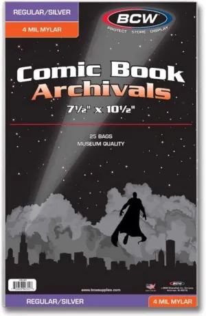 BCW Silver/Regular Comic Mylar Archivals - 4 MIL | Archival Polyester Mylar Comic Bags for Silver Age & Regular Comics | 25 Pack | 4 mil Thickness with 1.5" Flap | Long-Term Comic Book Protection