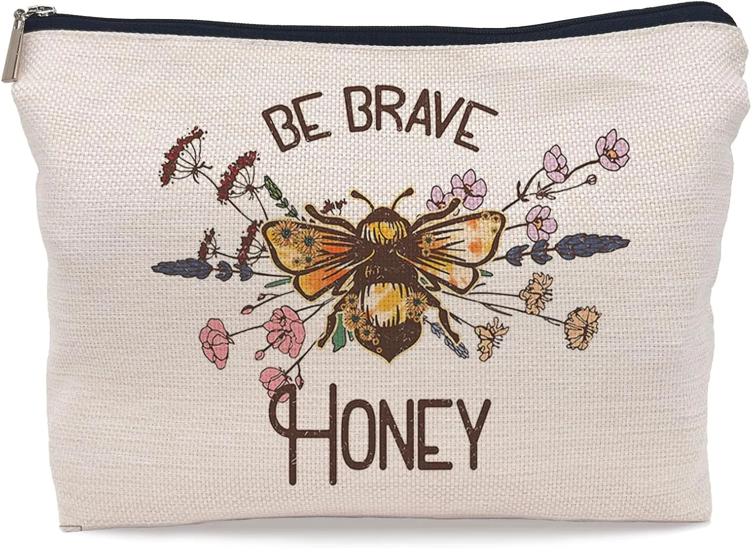 Be Brave Honey Makeup Bag,Rustic Floral Bumblebee Cosmetic Makeup Bag for Women Girls,Bee Lovers Gifts Makeup Bag