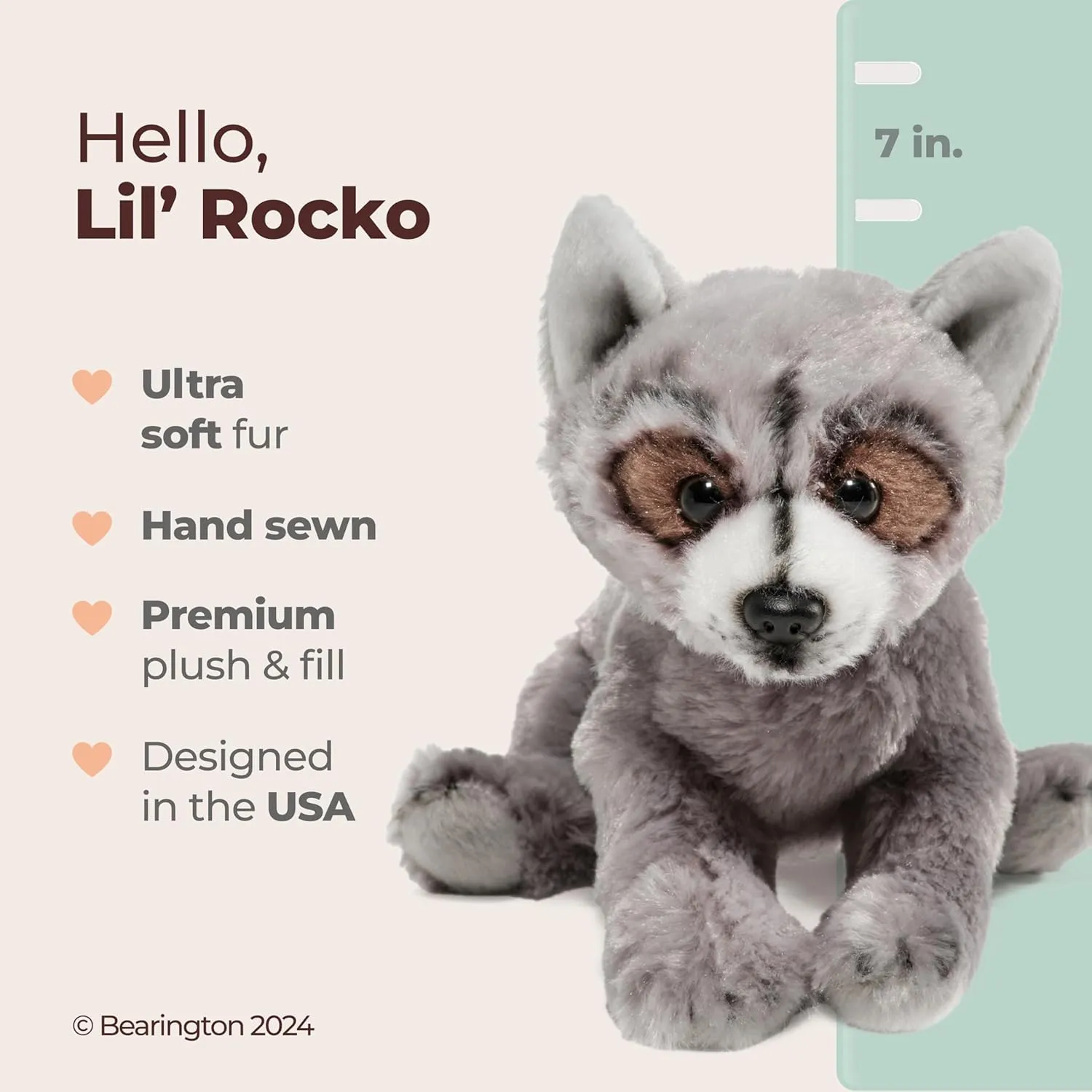 Bearington Lil' Rocko Small Plush Stuffed Animal Raccoon, 7 inches - Weighted Stuffed Animals - Plush Toy