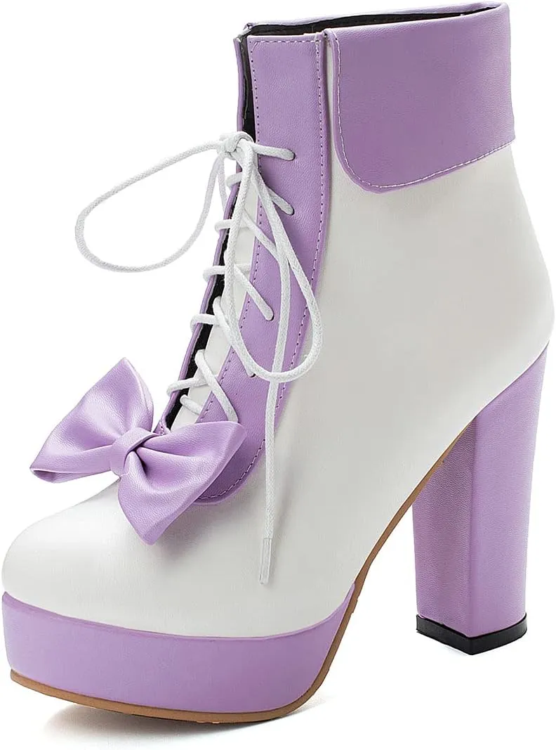 BEAUPAS Women's Chunky Platform Shoes High Heel Ankle Boots Lace Up Bow Cute Booties