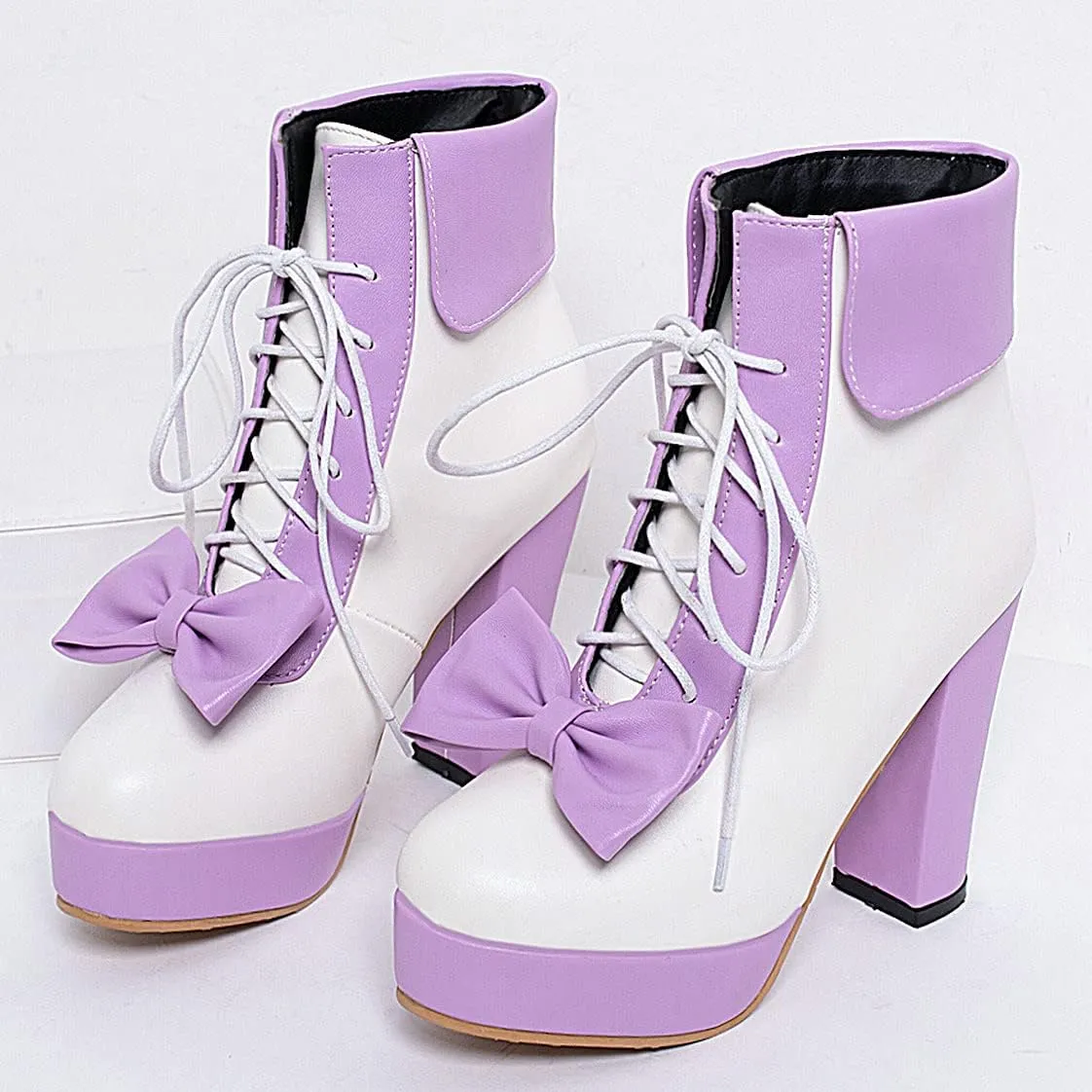 BEAUPAS Women's Chunky Platform Shoes High Heel Ankle Boots Lace Up Bow Cute Booties