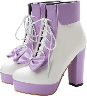 BEAUPAS Women's Chunky Platform Shoes High Heel Ankle Boots Lace Up Bow Cute Booties