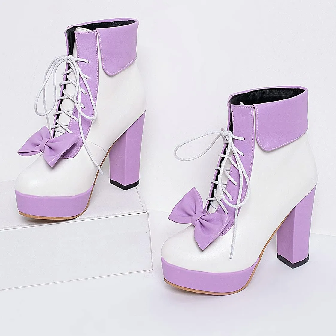 BEAUPAS Women's Chunky Platform Shoes High Heel Ankle Boots Lace Up Bow Cute Booties