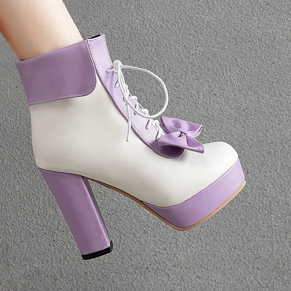 BEAUPAS Women's Chunky Platform Shoes High Heel Ankle Boots Lace Up Bow Cute Booties