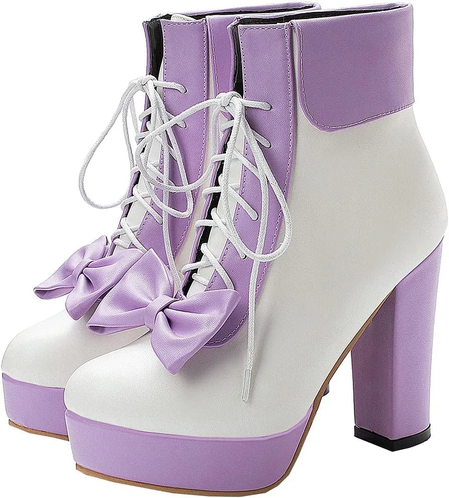 BEAUPAS Women's Chunky Platform Shoes High Heel Ankle Boots Lace Up Bow Cute Booties