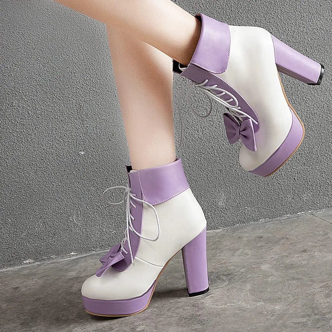 BEAUPAS Women's Chunky Platform Shoes High Heel Ankle Boots Lace Up Bow Cute Booties