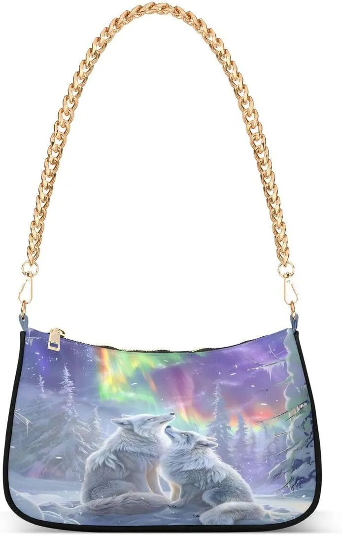 Beautiful Wolf Pine Tree Winter Tote Bag Hobo Handbag for Women Ladies Shoulder Bag Mini Clutch Purse with Zipper Closure