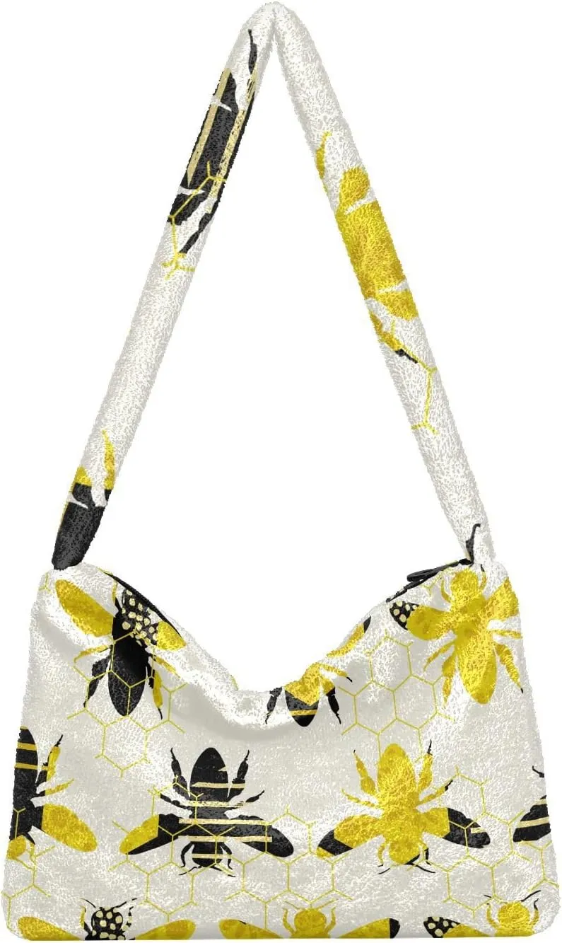 Bee Yellow Honeycomb Hive Fluffy Crossbody Bag Furry Tote Bags for Women Fuzzy Purse Handbag Lady Shoulder Bag Large Plush Bag with Zipper Closure
