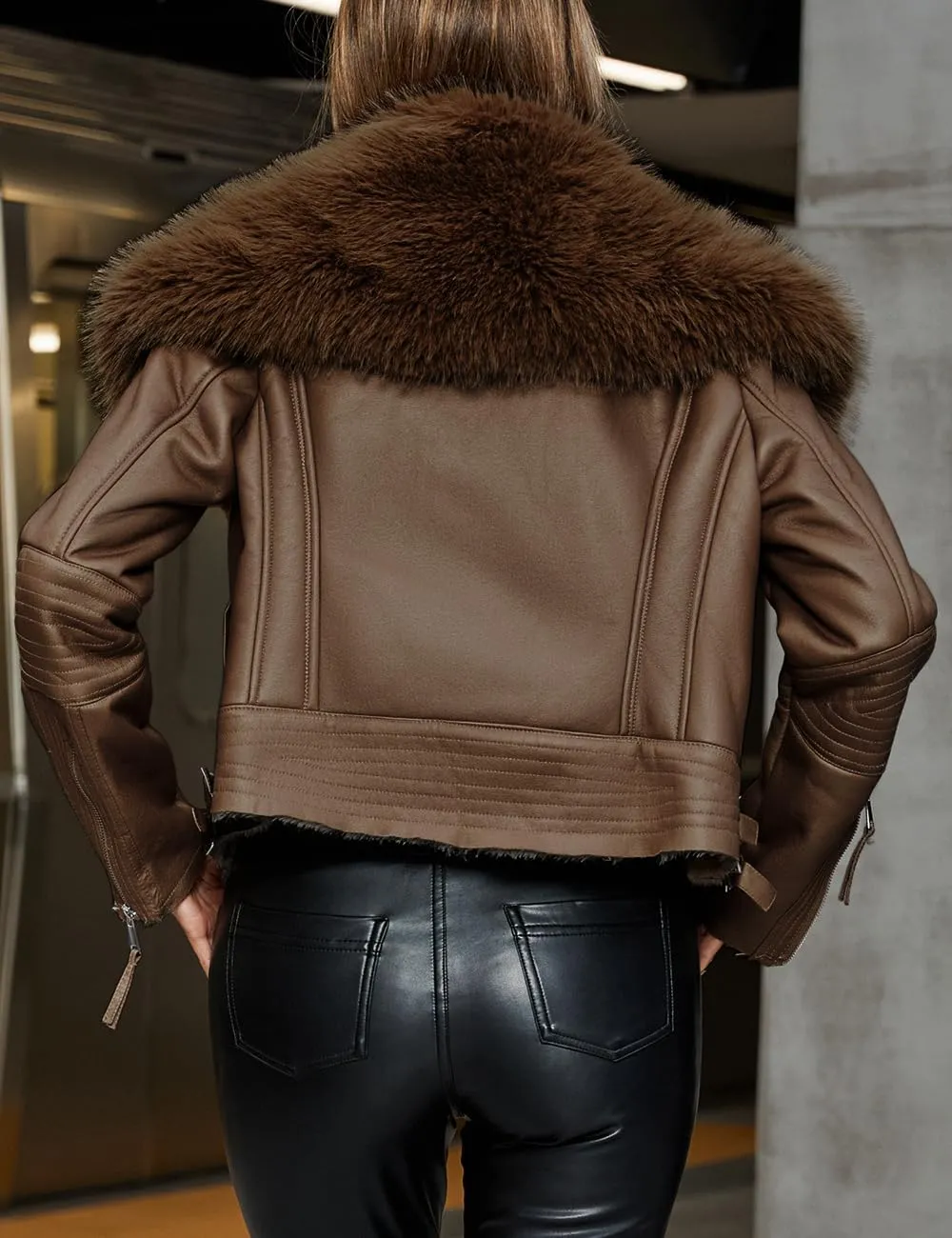 Bellivera Women's Faux Leather Jacket Moto Biker Sherpa-Lined Coat with Removable Fur Collar