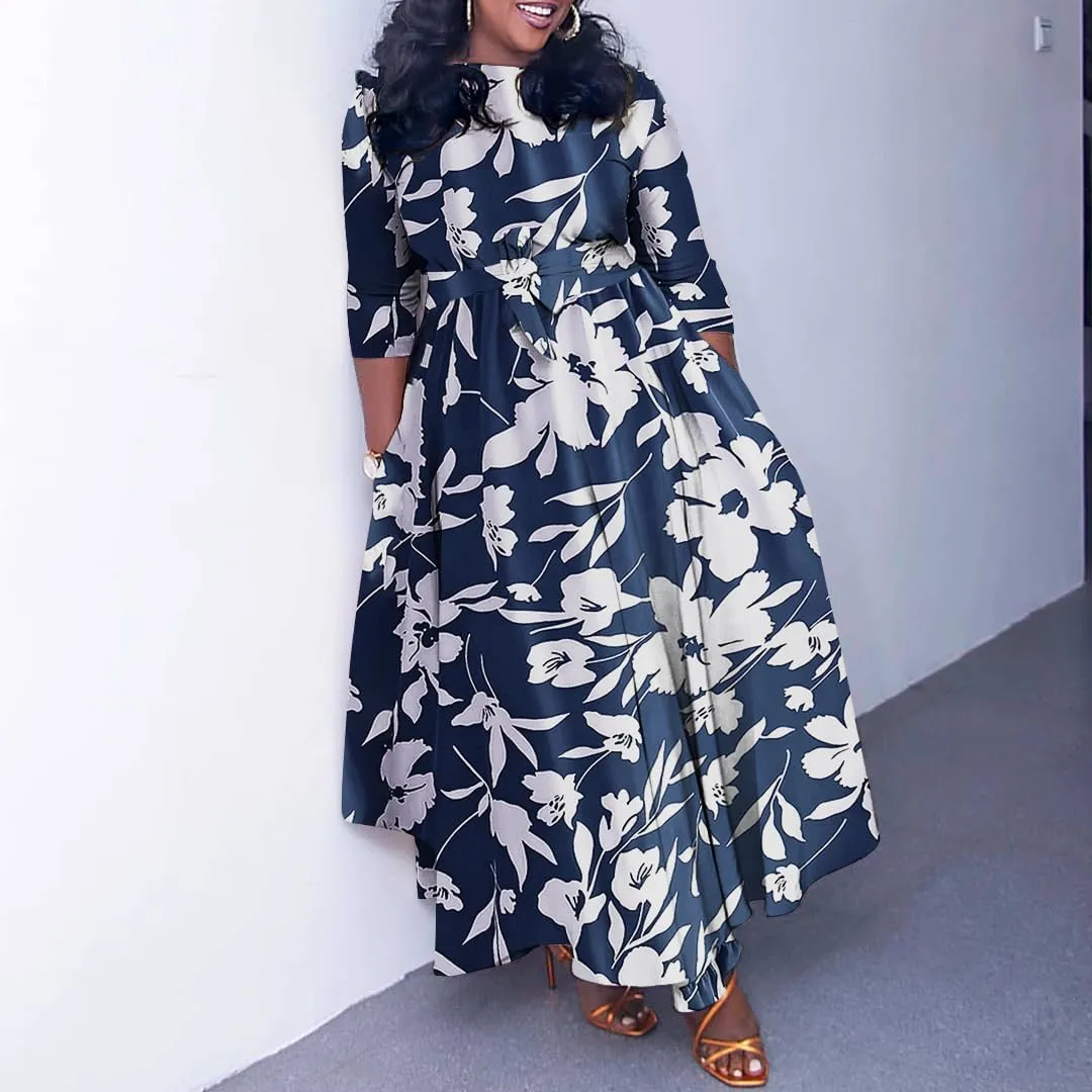 BFFBABY Women's Wrap V Neck Plus Size Maxi Dresses 3/4 Sleeves Chain Floral Printed Swing Dress with Belt