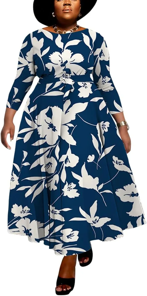 BFFBABY Women's Wrap V Neck Plus Size Maxi Dresses 3/4 Sleeves Chain Floral Printed Swing Dress with Belt
