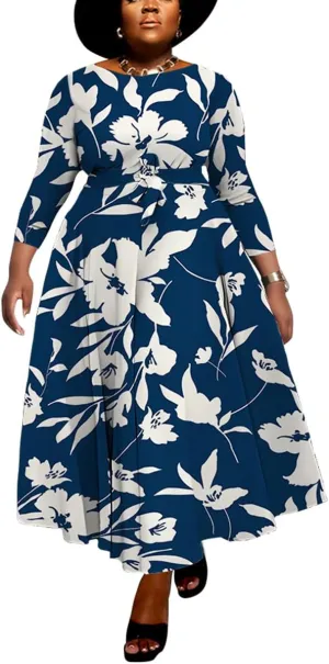 BFFBABY Women's Wrap V Neck Plus Size Maxi Dresses 3/4 Sleeves Chain Floral Printed Swing Dress with Belt