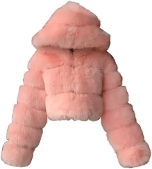 Bidobibo Faux Fur Coat Women with Hood Cropped Bubble Coats Fleece Short Warm Jackets Plus Size Winter Coats for Women