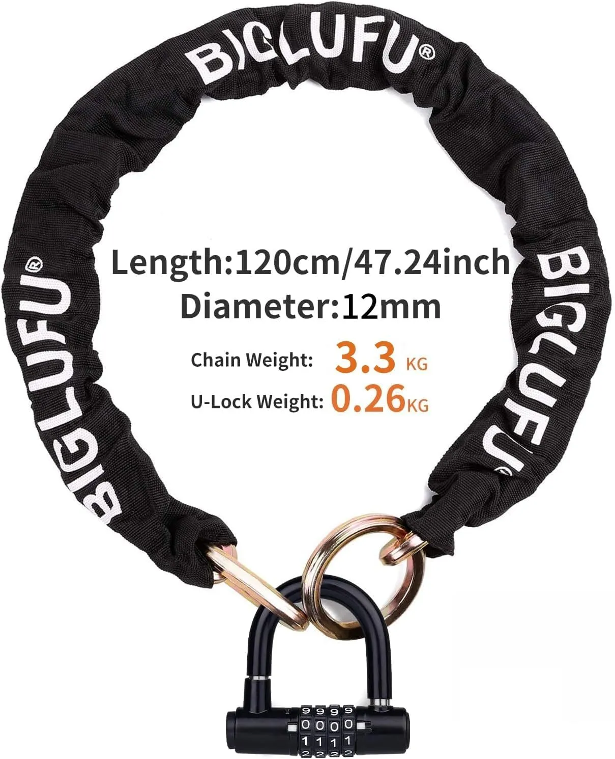 BIGLUFU Motorcycle Chain Lock 120cm/4ft Heavy Duty Bike Chain Lock Anti-Theft Durable Cut Proof 12mm Thick Security Bicycle Chain for Moped,Scooter,Motorcycles,Bike, Generator, Gates, Bicycle, Scooter