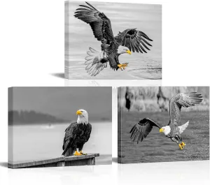 Black And White Animal Wall Art - Flying Eagles Picture Wall Decor for Home Kitchen Dining Room Office Framed Wall Art Ready to Hang,12"x16"3 Panels