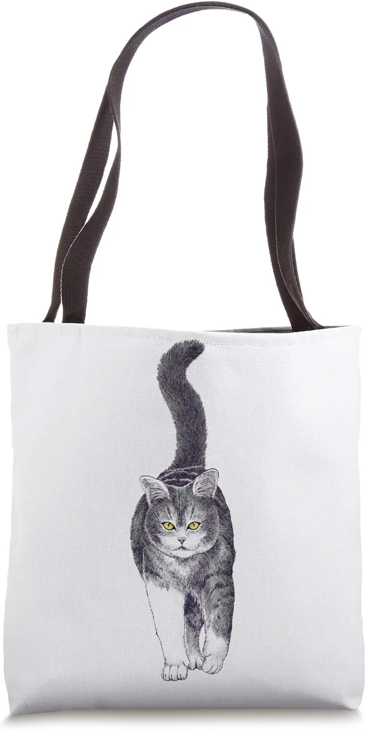 Black And White Cat Illustration Intensely Walking Tote Bag