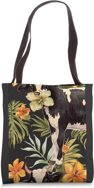 Black Art Deco Tropical Cows Ranch Pasture Design Tote Bag