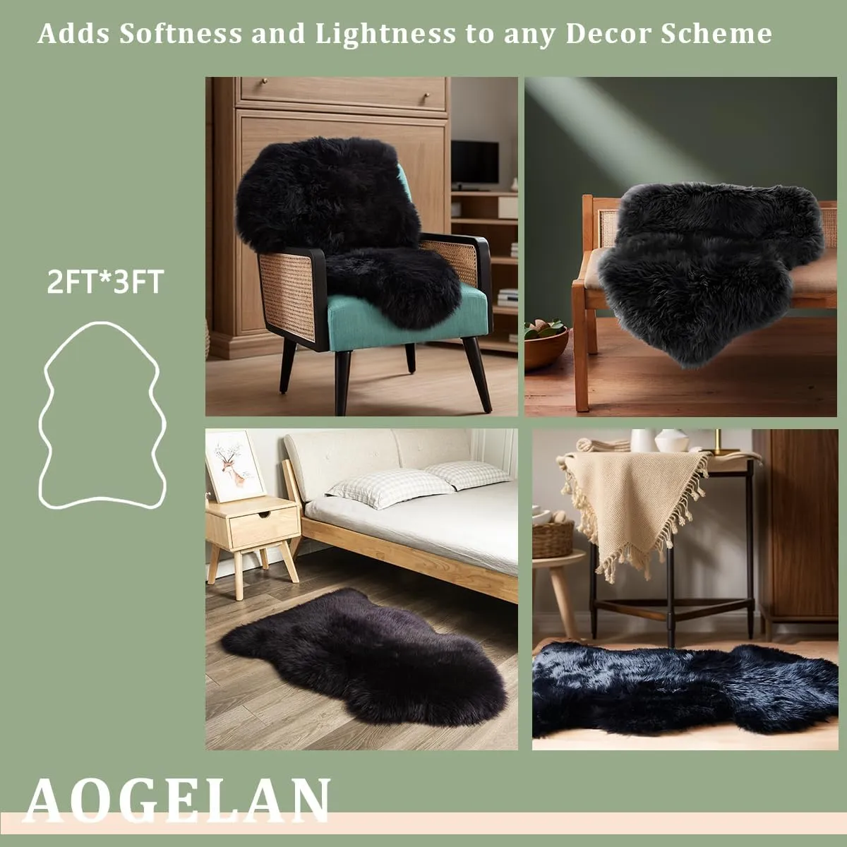 Black Fluffy Fluffy Shaggy Fur Area Rug, Fuzzy Genuine Sheepskin Rug, Soft Fur Pup Carpet, Chair Sofa Seat Cover(Black, Single Pelt/2FT*3FT)