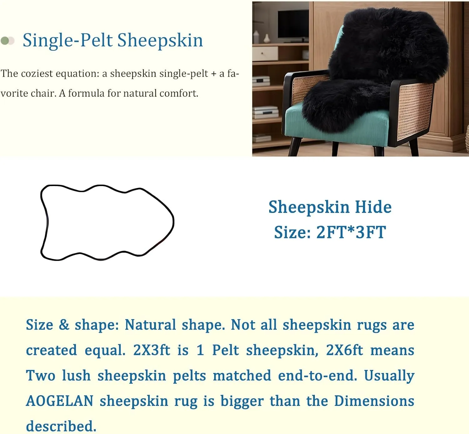 Black Fluffy Fluffy Shaggy Fur Area Rug, Fuzzy Genuine Sheepskin Rug, Soft Fur Pup Carpet, Chair Sofa Seat Cover(Black, Single Pelt/2FT*3FT)