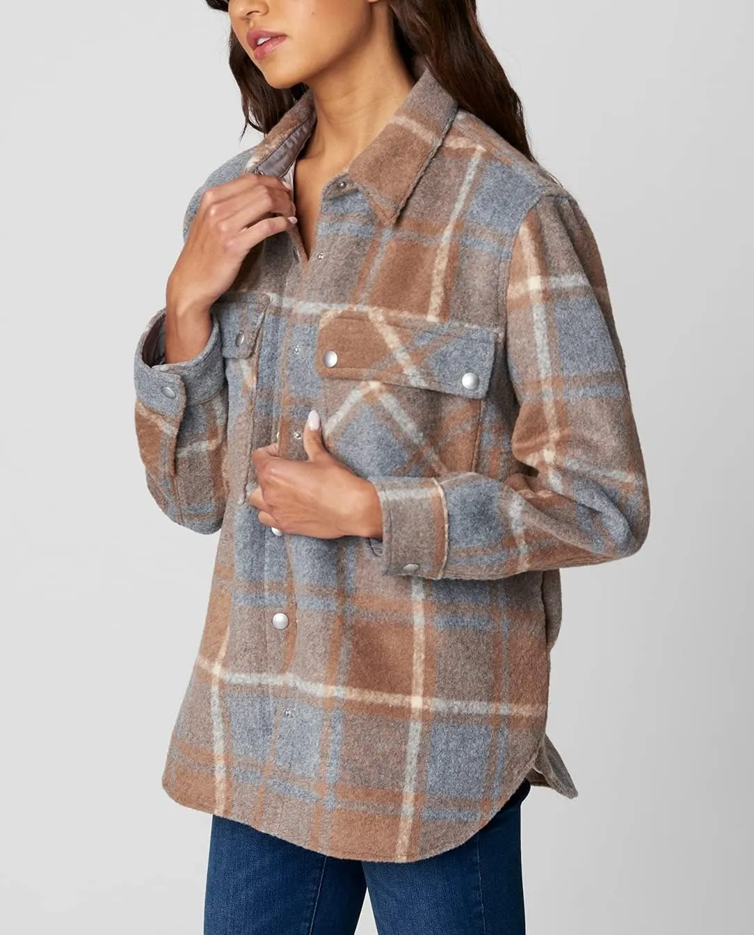 [BLANKNYC] Womens Luxury Clothing Plaid Shirt Jacket, Stylish Shacket & Trendy Coat, Mountain High, Large
