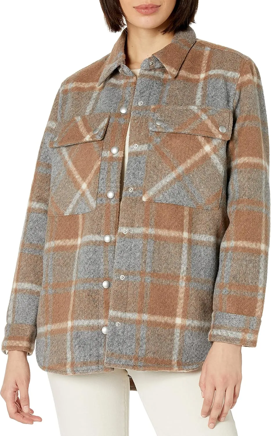 [BLANKNYC] Womens Luxury Clothing Plaid Shirt Jacket, Stylish Shacket & Trendy Coat, Mountain High, Large