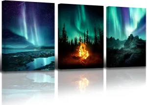 BLINFEIRU Northern Lights Canvas Wall Art Prints 3 Piece Aurora Borealis Scenery Paintings for Bedroom Bathroom Living Room Wall Decor Modern Home Office Decoration Artwork Framed 12"x16"x3