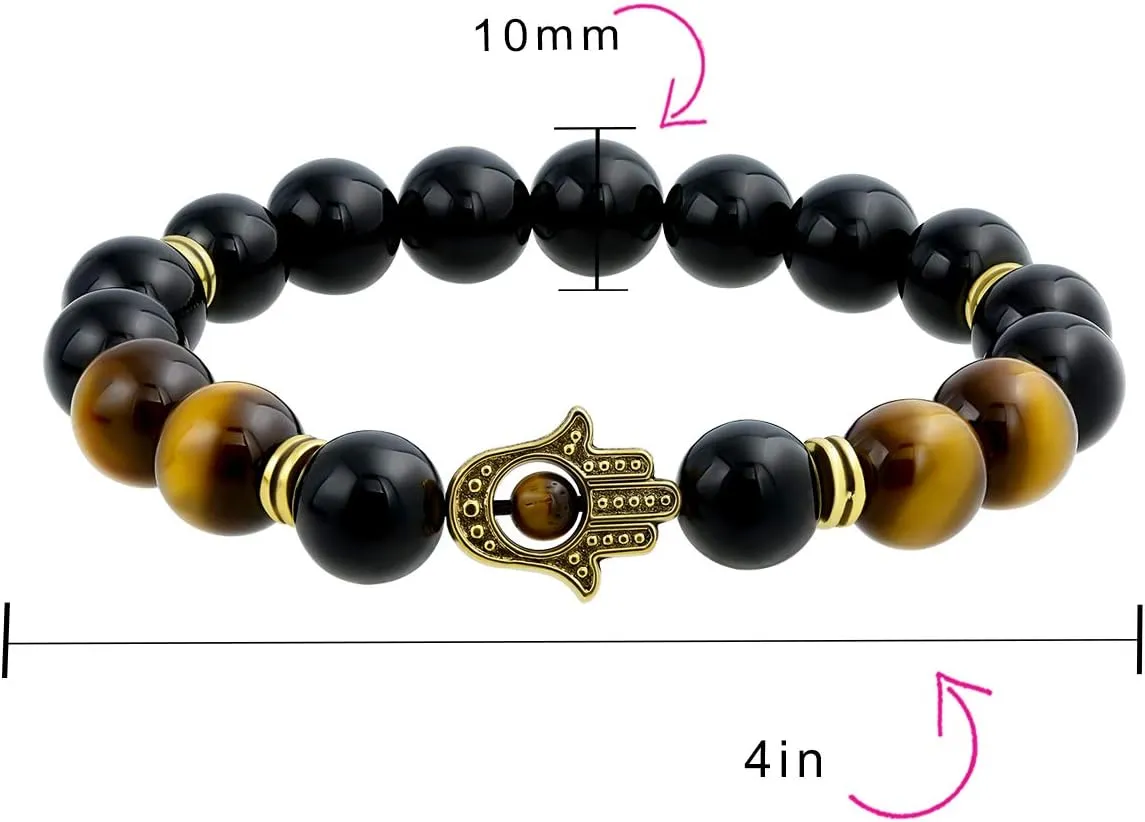 Bling Jewelry Unisex Talisman Amulet Stackable Gemstones Tiger Eye, New Jade, Serpentine, Black Lava Rock Hamsa Hand Stretch Bracelet for Women & Men Silver & Gold Plated