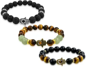 Bling Jewelry Unisex Talisman Amulet Stackable Gemstones Tiger Eye, New Jade, Serpentine, Black Lava Rock Hamsa Hand Stretch Bracelet for Women & Men Silver & Gold Plated