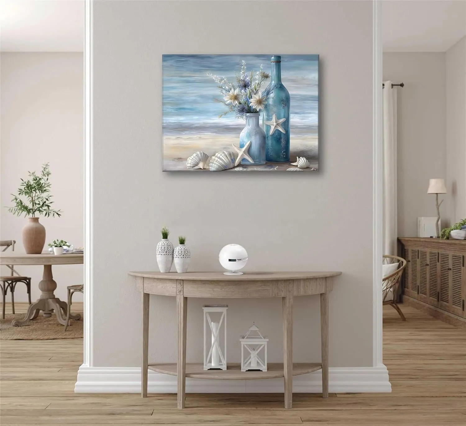 Blue Beach Ocean Flower Canva Wall Art Coastal Seascape Floral Vase Poster Picture Starfish Conch Theme Painting Rustic Shell Print for Bedroom Bathroom Living Room Office Wall Decor Framed