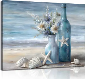 Blue Beach Ocean Flower Canva Wall Art Coastal Seascape Floral Vase Poster Picture Starfish Conch Theme Painting Rustic Shell Print for Bedroom Bathroom Living Room Office Wall Decor Framed