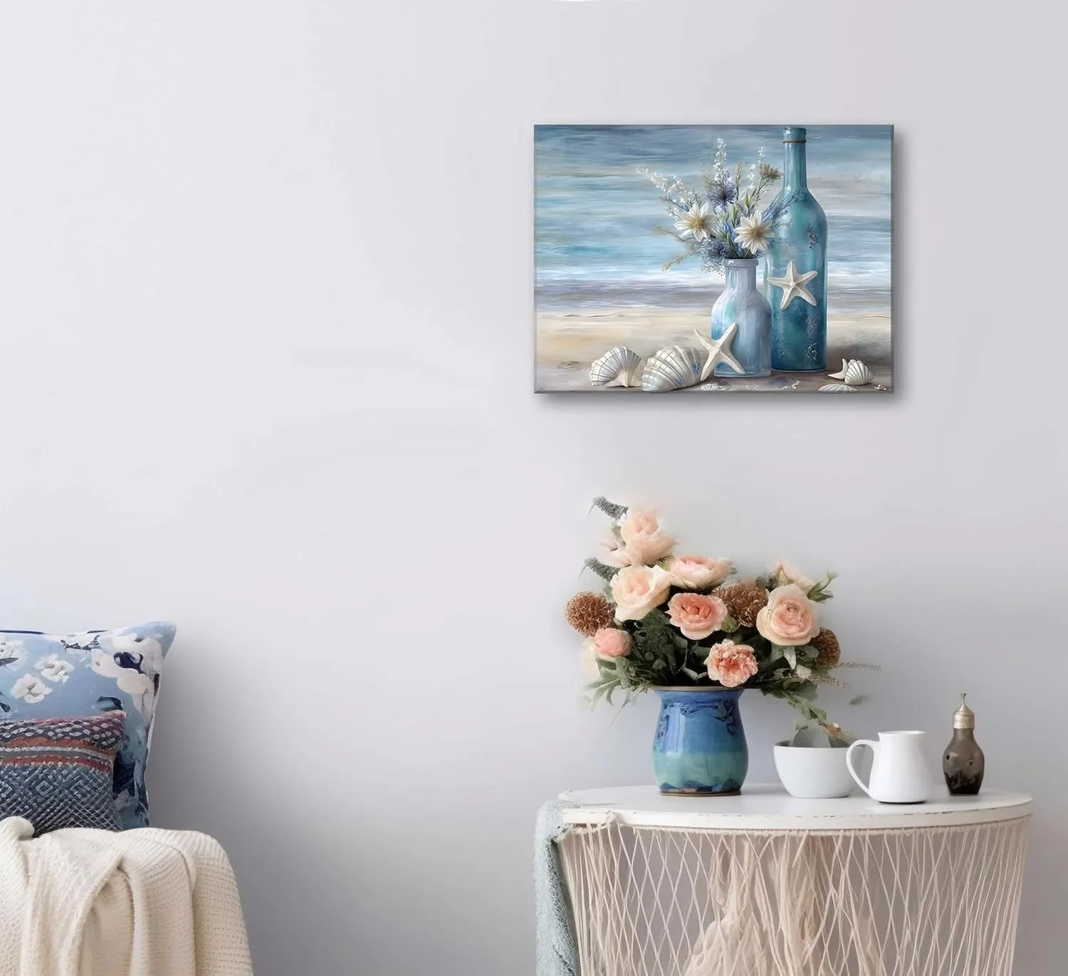 Blue Beach Ocean Flower Canva Wall Art Coastal Seascape Floral Vase Poster Picture Starfish Conch Theme Painting Rustic Shell Print for Bedroom Bathroom Living Room Office Wall Decor Framed