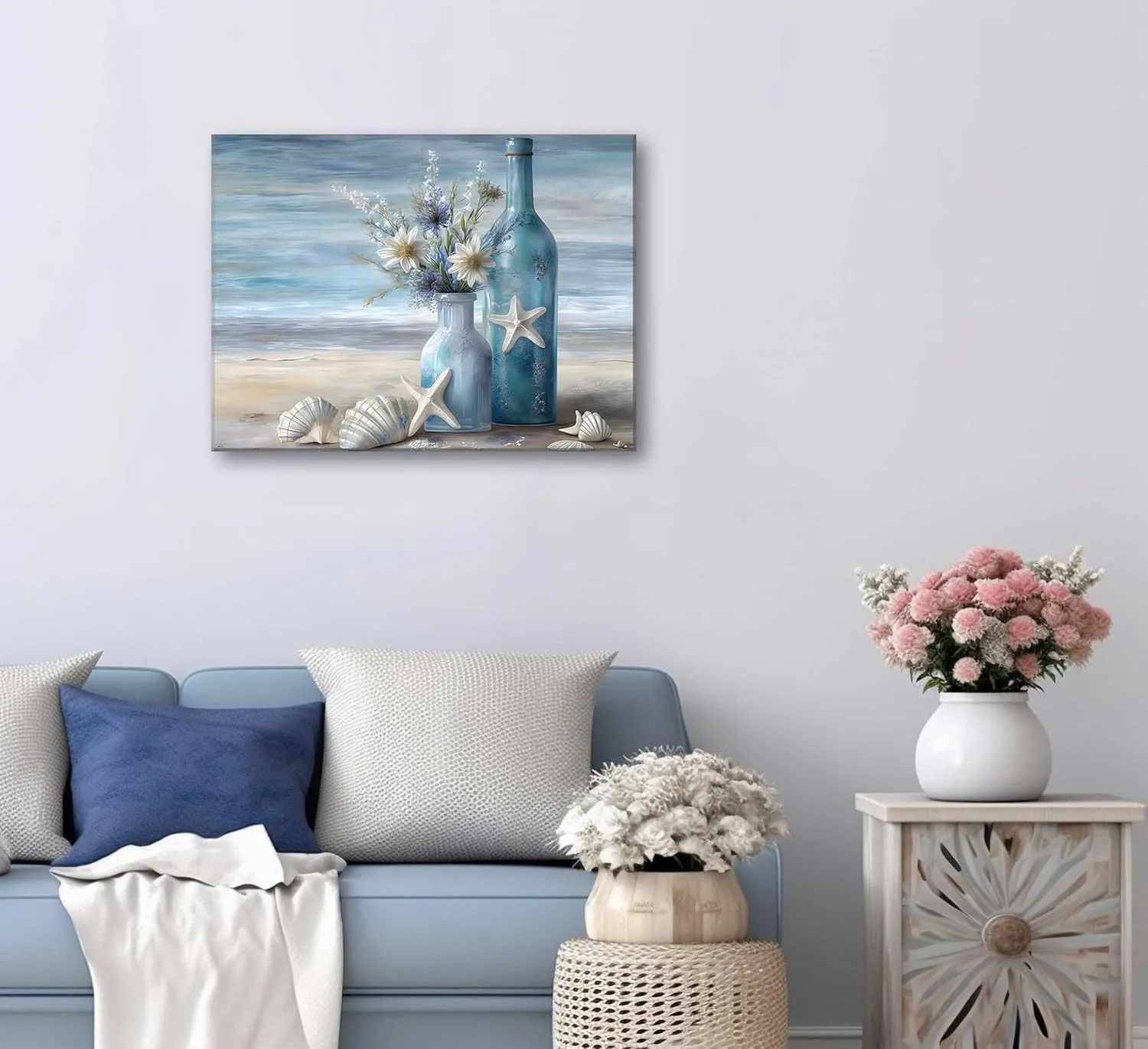 Blue Beach Ocean Flower Canva Wall Art Coastal Seascape Floral Vase Poster Picture Starfish Conch Theme Painting Rustic Shell Print for Bedroom Bathroom Living Room Office Wall Decor Framed
