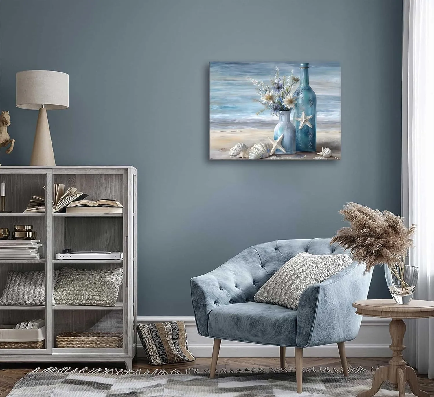 Blue Beach Ocean Flower Canva Wall Art Coastal Seascape Floral Vase Poster Picture Starfish Conch Theme Painting Rustic Shell Print for Bedroom Bathroom Living Room Office Wall Decor Framed